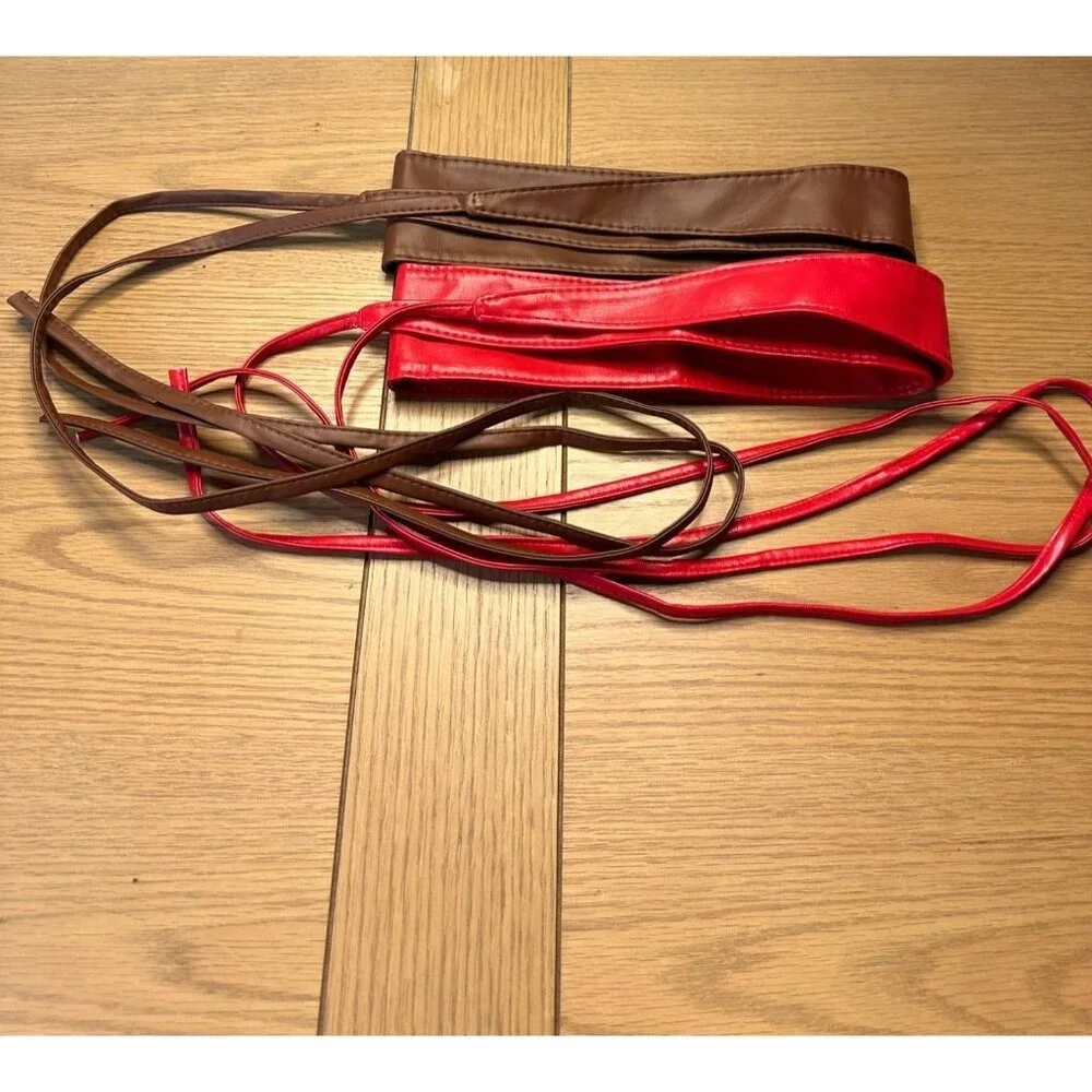 LOT of 2 Red and Brown Faux Leather Wrap Belts Long Ties Adjustable Fit